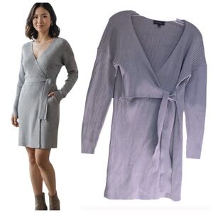 Guess Ribbed Faux Wrap  Knit Sweater Mini Dress Minimalist Long Sleeve Straight